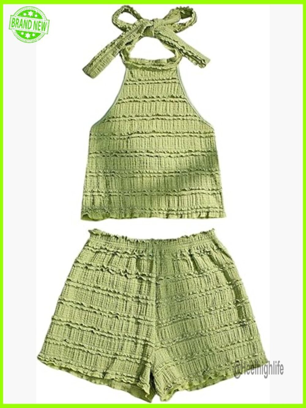 Crochet Tie Back Crop Top and Shorts Set, Polyester Blend, Size Small